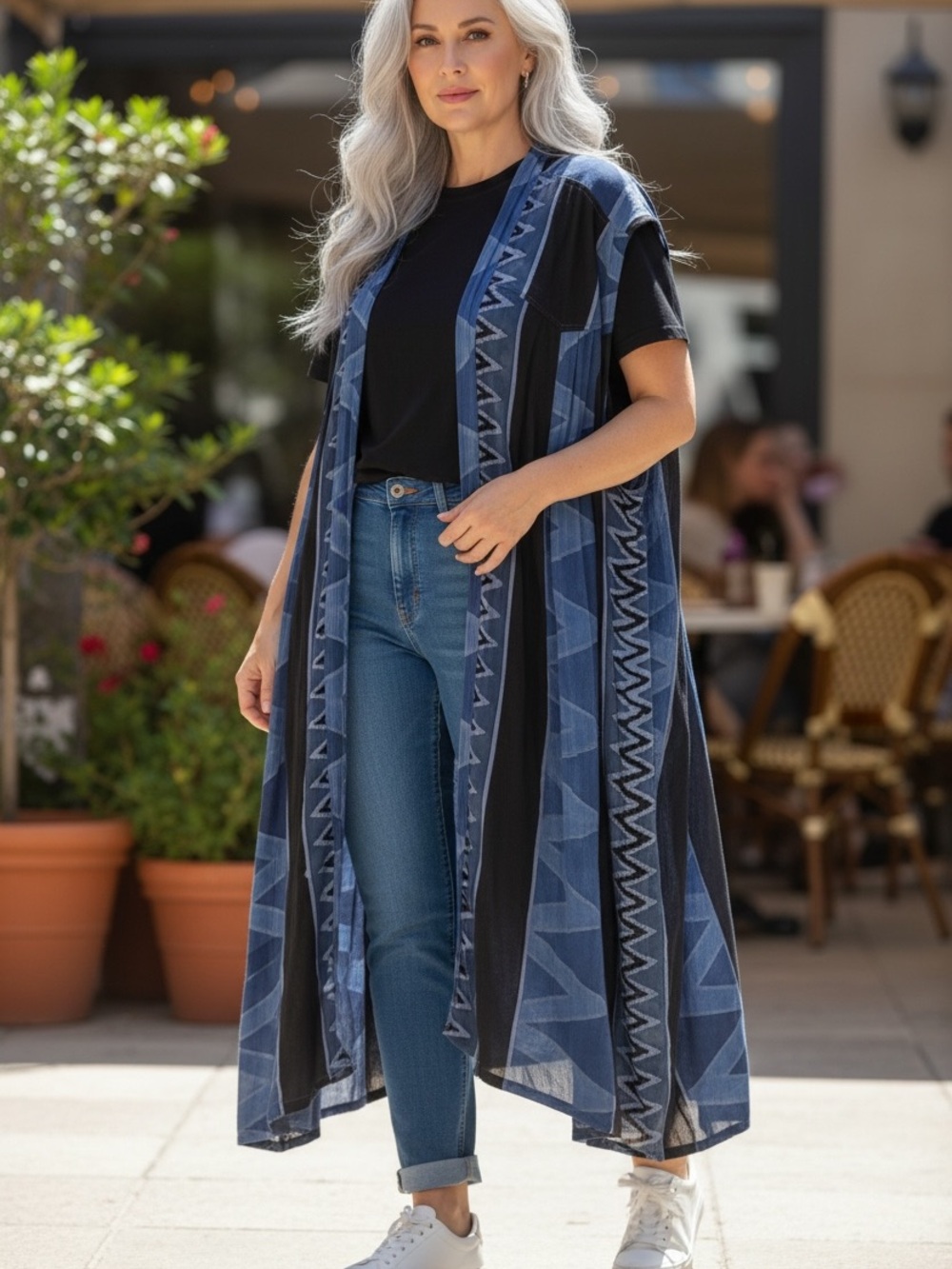 Long Sleeveless Duster Vest Blue Black Boho Plus Size xl 1x 2x 3X
